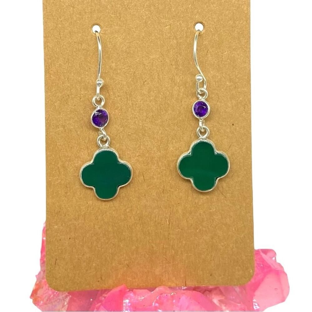 Green Onyx & Amethyst Quatrefoil Clover Earrings Solid 925 Sterling Silver